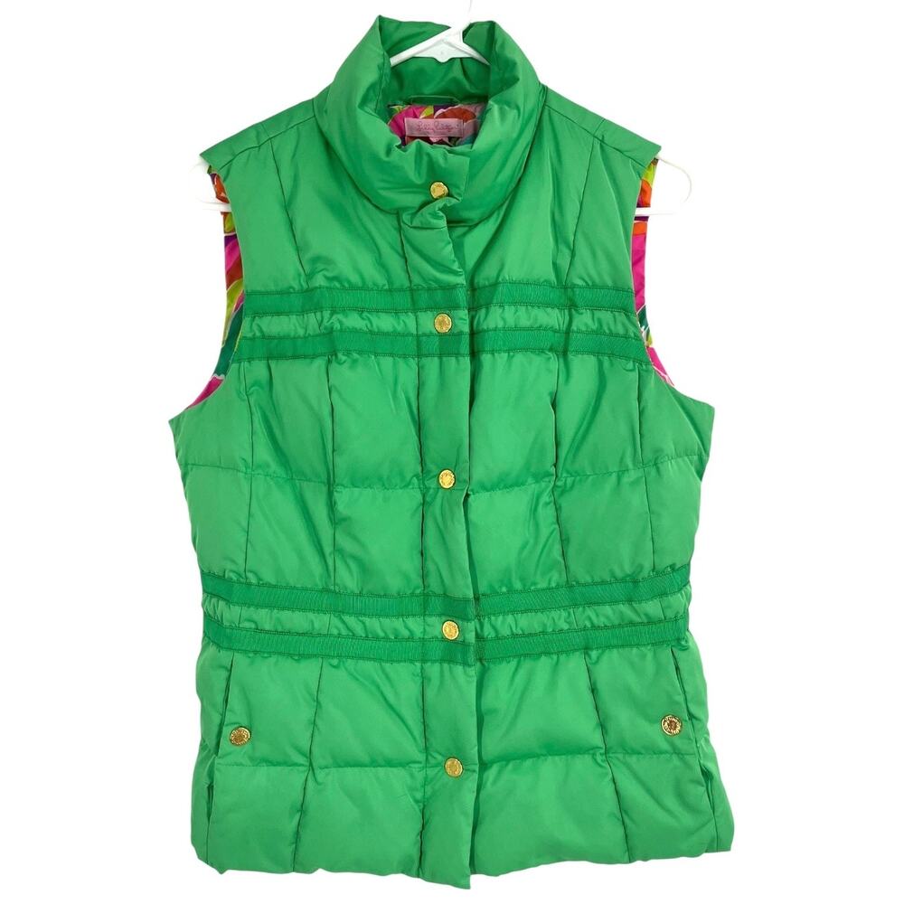 Lilly Pulitzer Kate Puffer Vest Green w/ Floral Lining Full Zip Snap Women's M